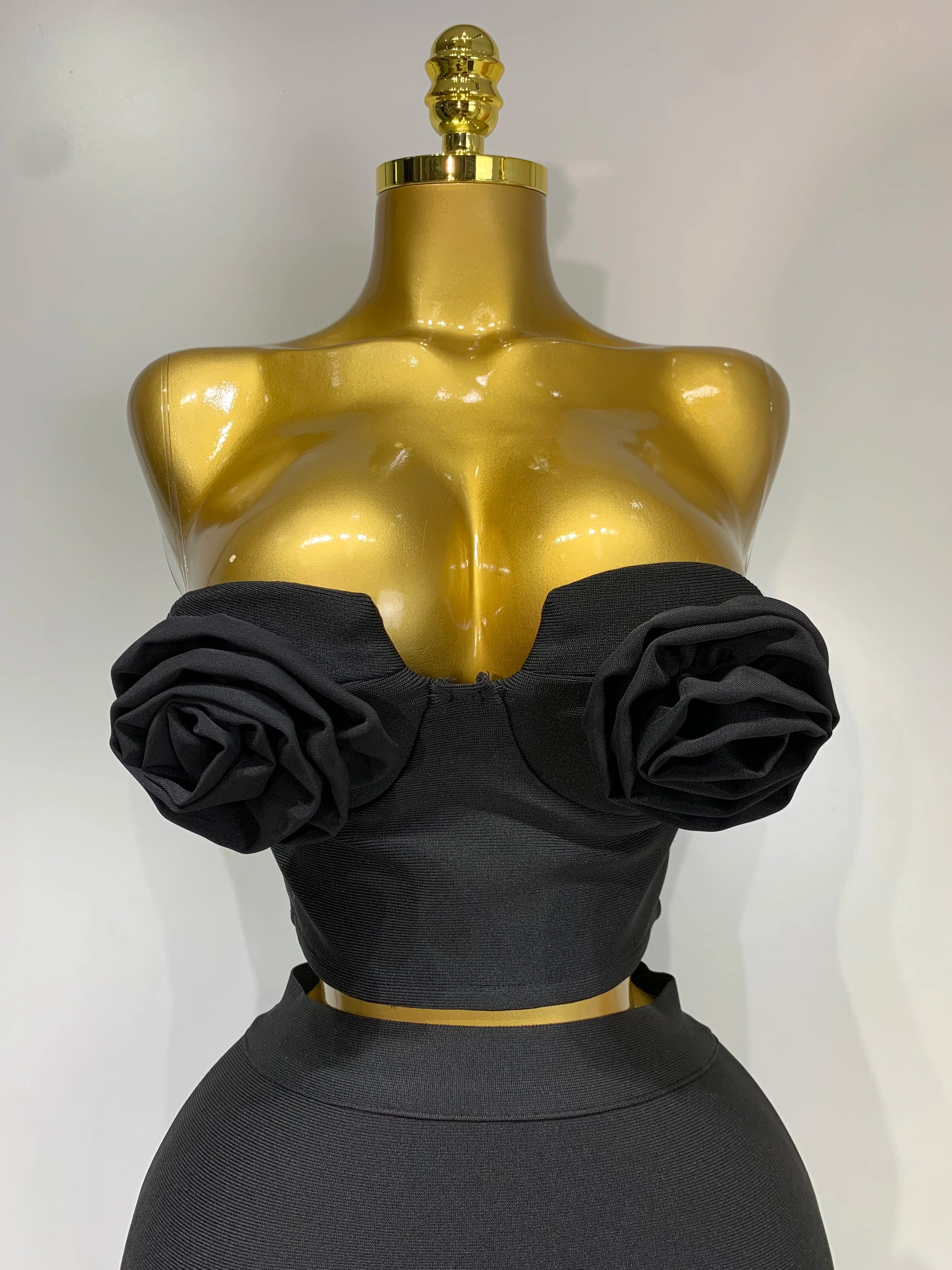 2025 New Arrival Women 3D Flower Black Bodycon Bandage Two Piece Set Designer High Waist Evening Party Club Birthday Skirt Set