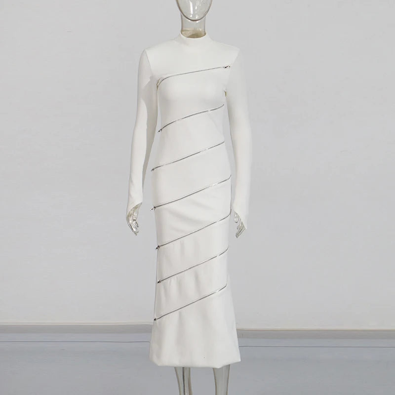 TWOTWINSTYLE Solid Slimming Spliced Zipper Dress for Women Stand Collar Long Sleeve High Waist Dresses Female Temperament Style
