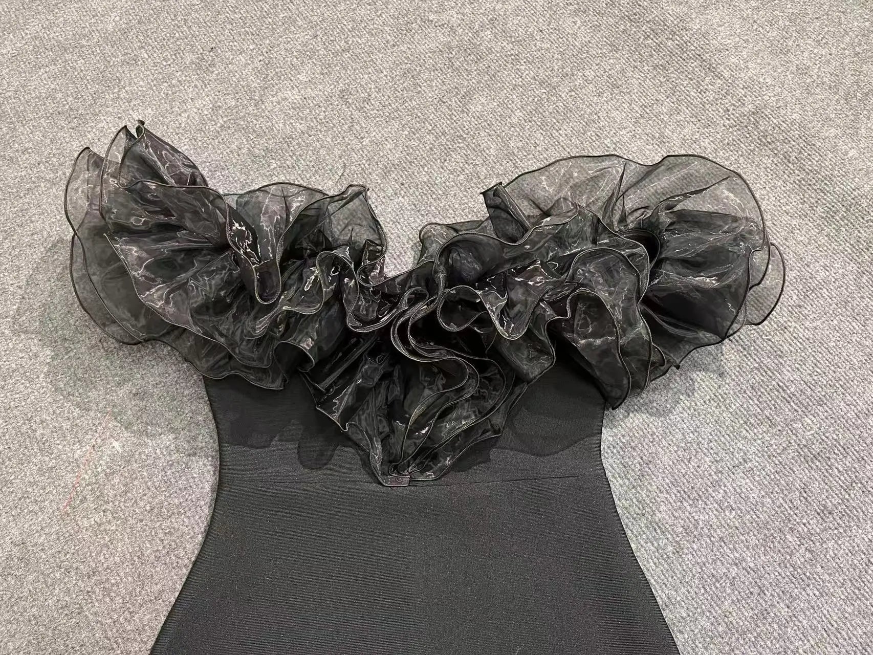 High Quality Women Slash Neck Ruffles Bodycon Bandage Mid-calf Dress Celebrate Nightclub Party Birthday Outfit Wholesale