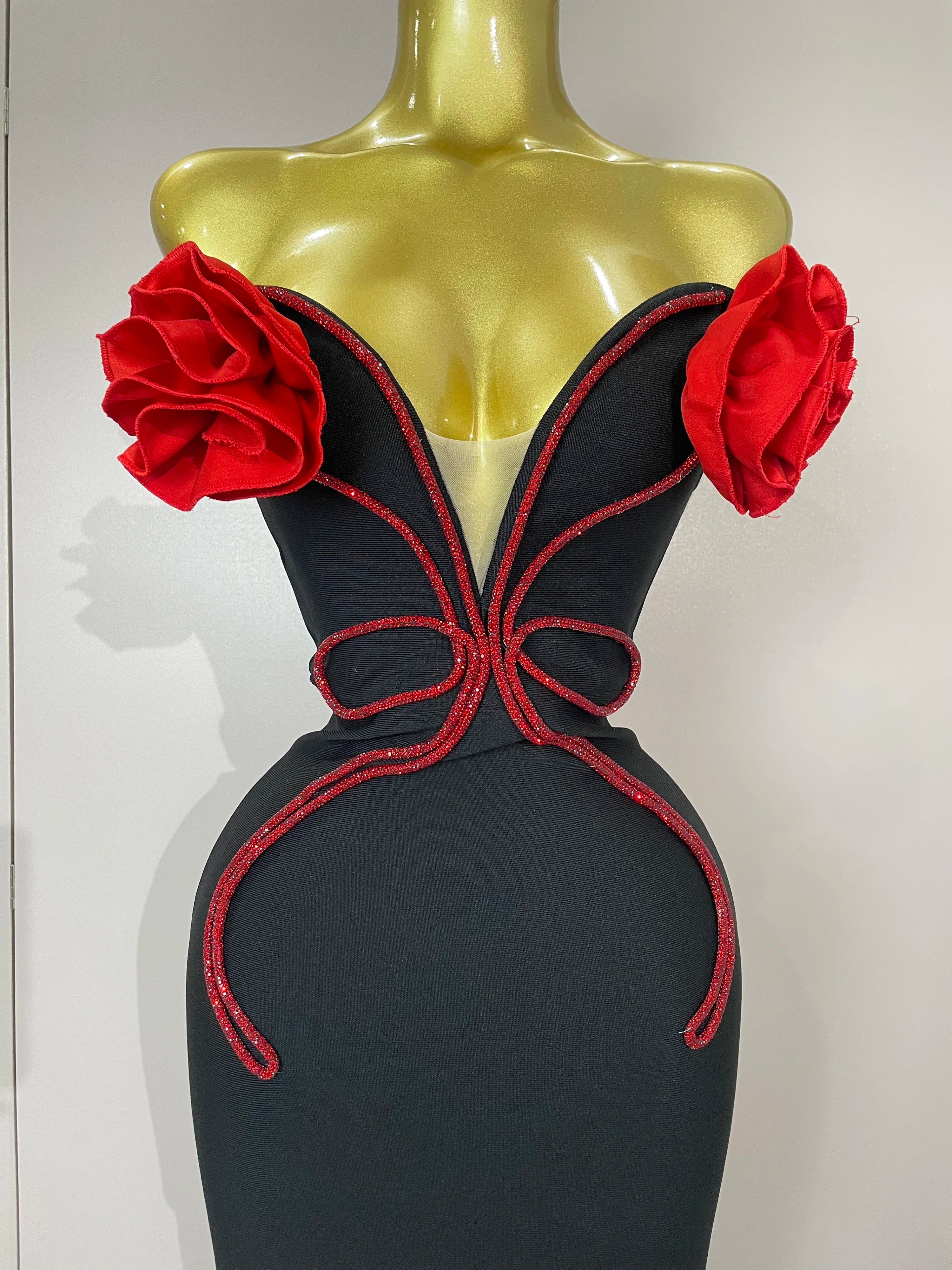 2025 New Arrival High Quality black Off Shoulder Red Flower Bandage Long Dress Women Elegant Fshion Celebrity Party Dress