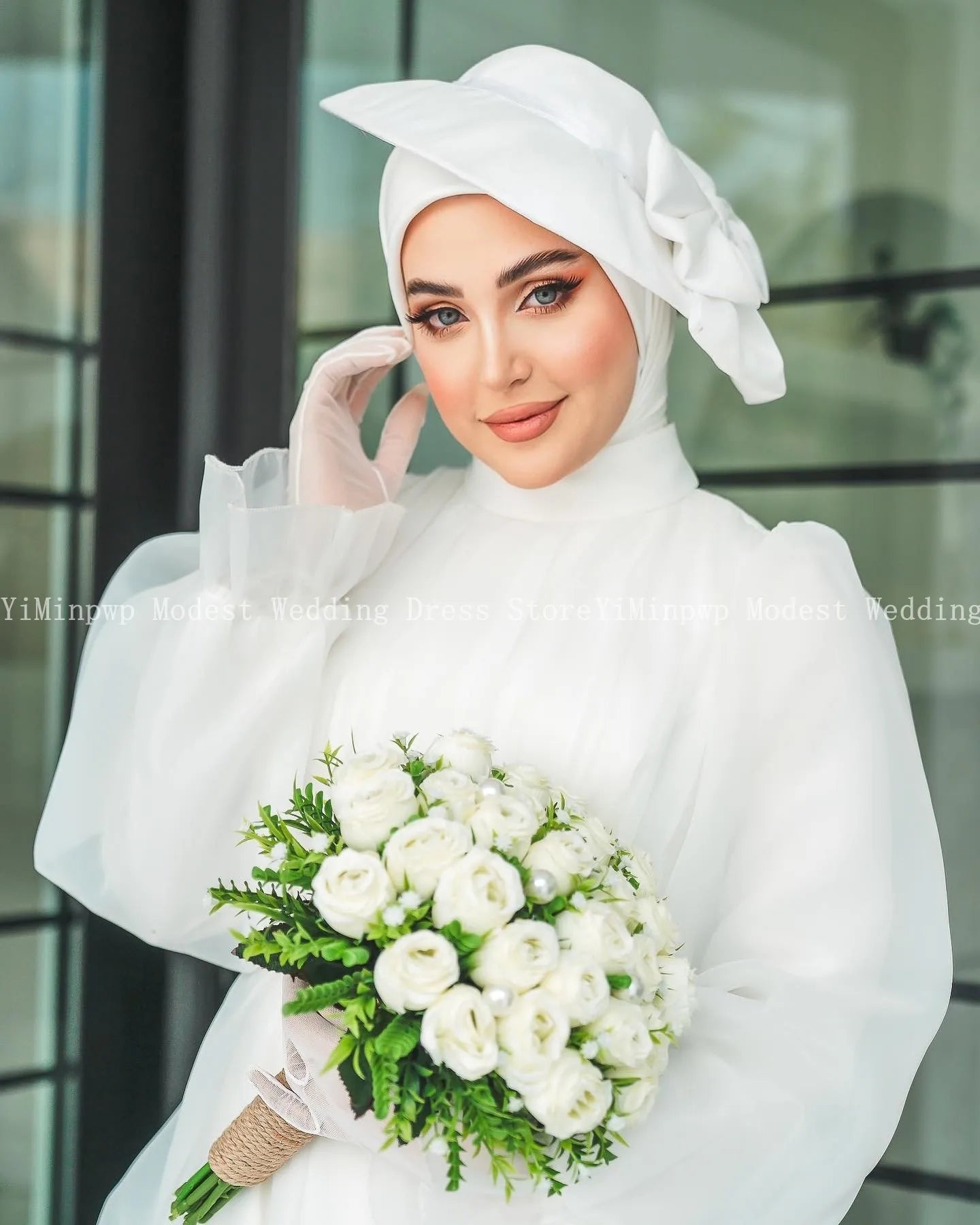 Heilige Brautkleider für Braut hoher Nacken Langarm eine Linie Falten Muslim Garten Beach Brautkleider Vestidos de Novia