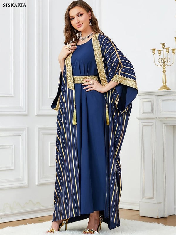 Luxury Caftan Marocain Femme Evening 2 Piece Abaya Set Jalabiya Woman Blue Stripe Sequins Belted Robe Africano Mujer