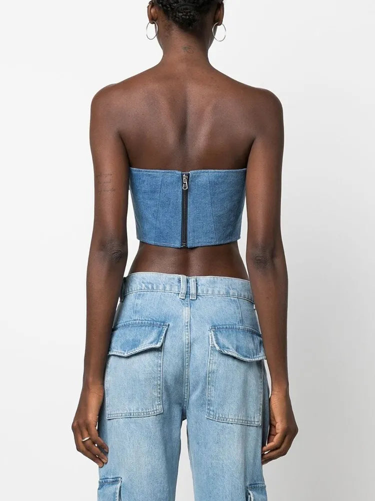 TWOTWINSTYLE Denim Irregular Vests For Women Slash Neck Sleeveless Patchwork Appliques Slimming Vintage Vest Female Fashion 2023