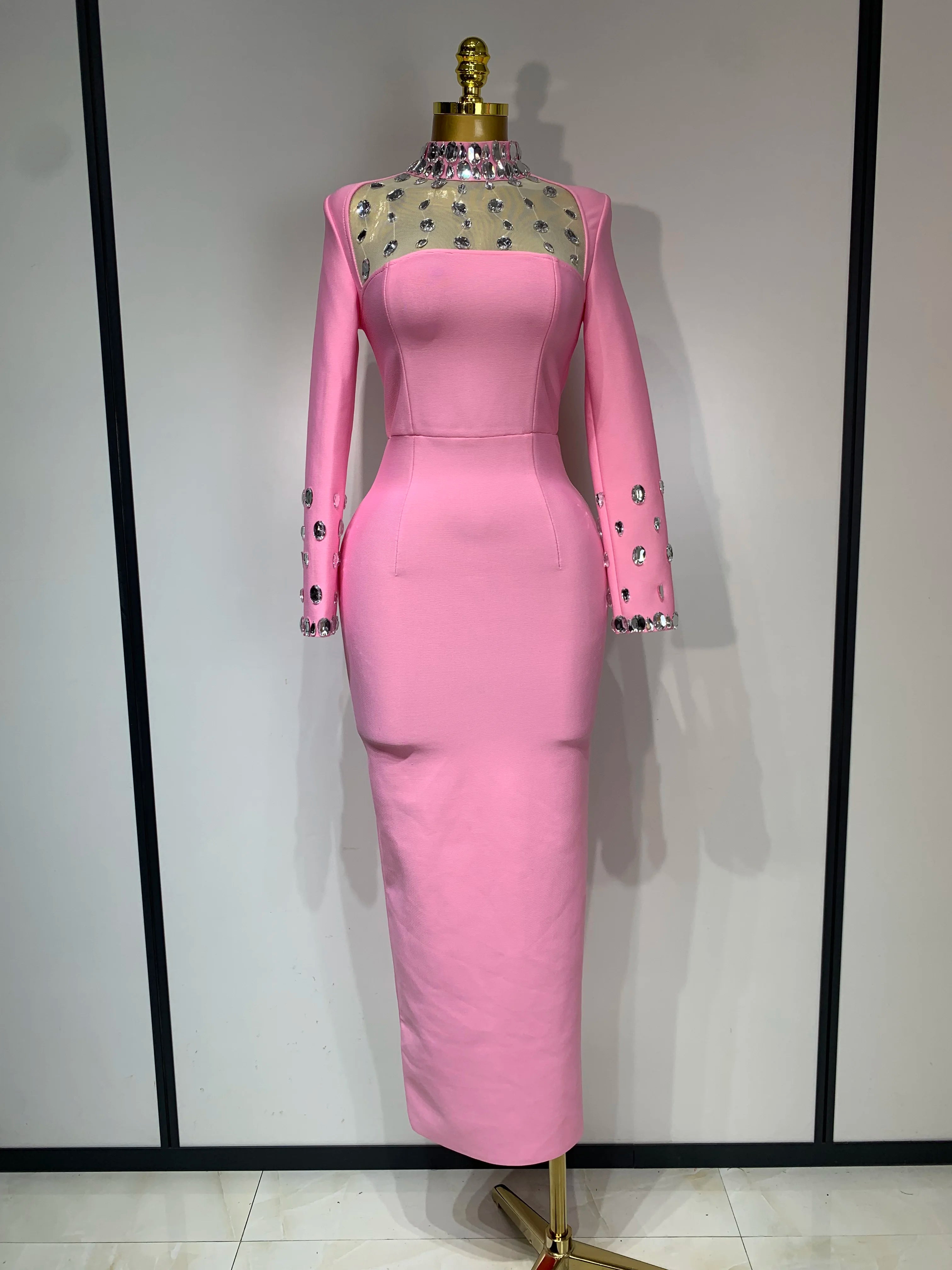 Luxury Birthday Dresses Sparkly Diamond Long Sleeve Black Bodycon Bandage Dress Women Wedding Evening Club Party Prom Gowns