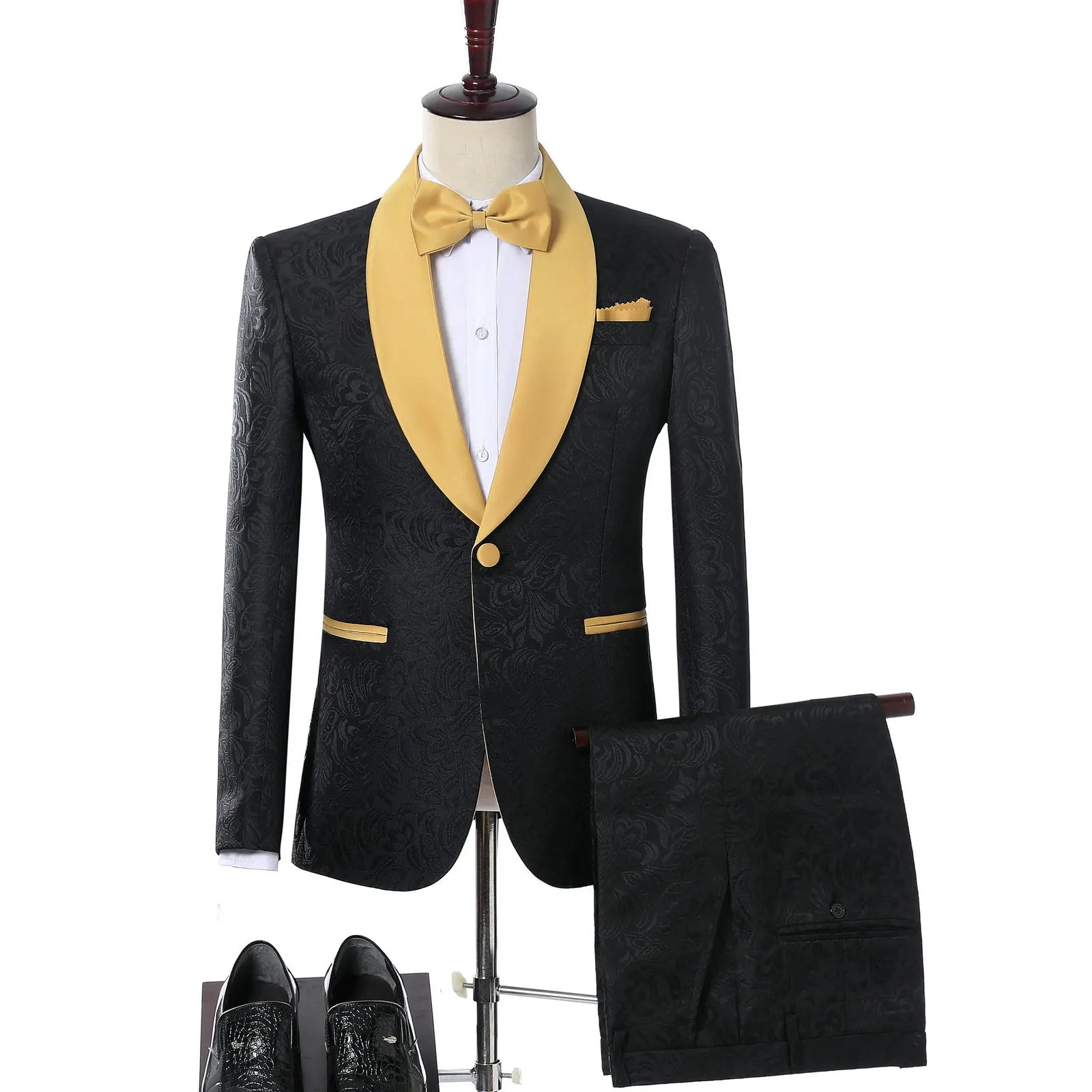 Black Tuxedo Gold Lapel Blazer 2 Pieces Men Suits Jacquard Suit Tuxedos 2024 For Wedding Men suits ( Jacket+Pants) jacket pants