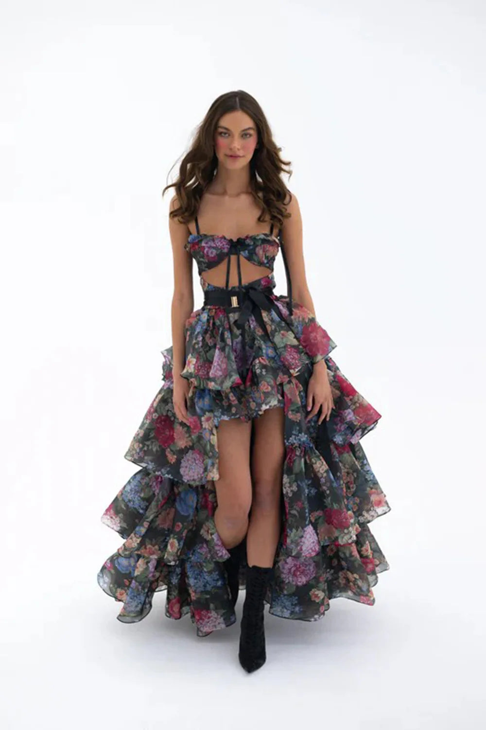 Women Sleeveless Sexy Strap Flowers Print Ruffles Loose Long Maxi Dress Evening Party Celebrate Birthday Vacation Outfit