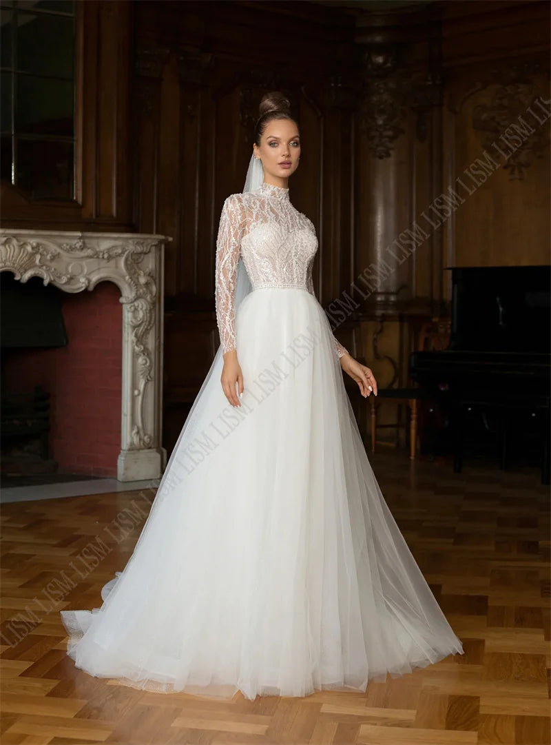 LISM Sparkly Sequined O-Neck Vestidos De Novia A-Line Tulle Elegant Wedding Dresses Illusion Long Sleeves Floor Length