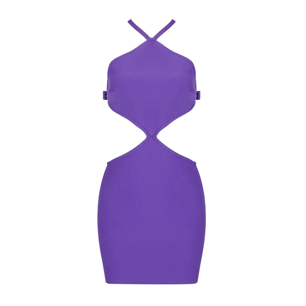 2022 New Purple Rayon Bandage Sexy Backless Bodycon Mini Dress Women Fashion Halter Nightclub Party Celebrate Outfit Vestido