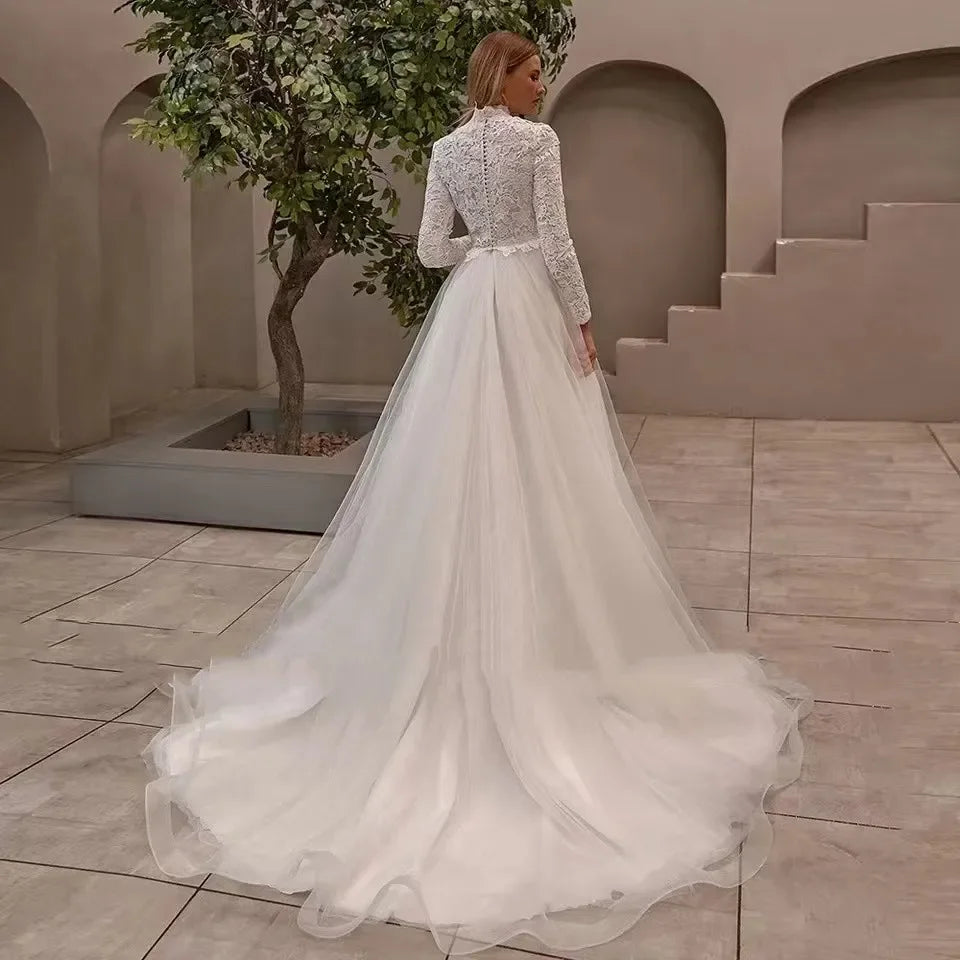 Elegante moslim trouwjurken voor vrouw Hoge nek lange mouwen lange mouwen kanten bruid jurken op maat gemaakt A-line robe de mariée 2024