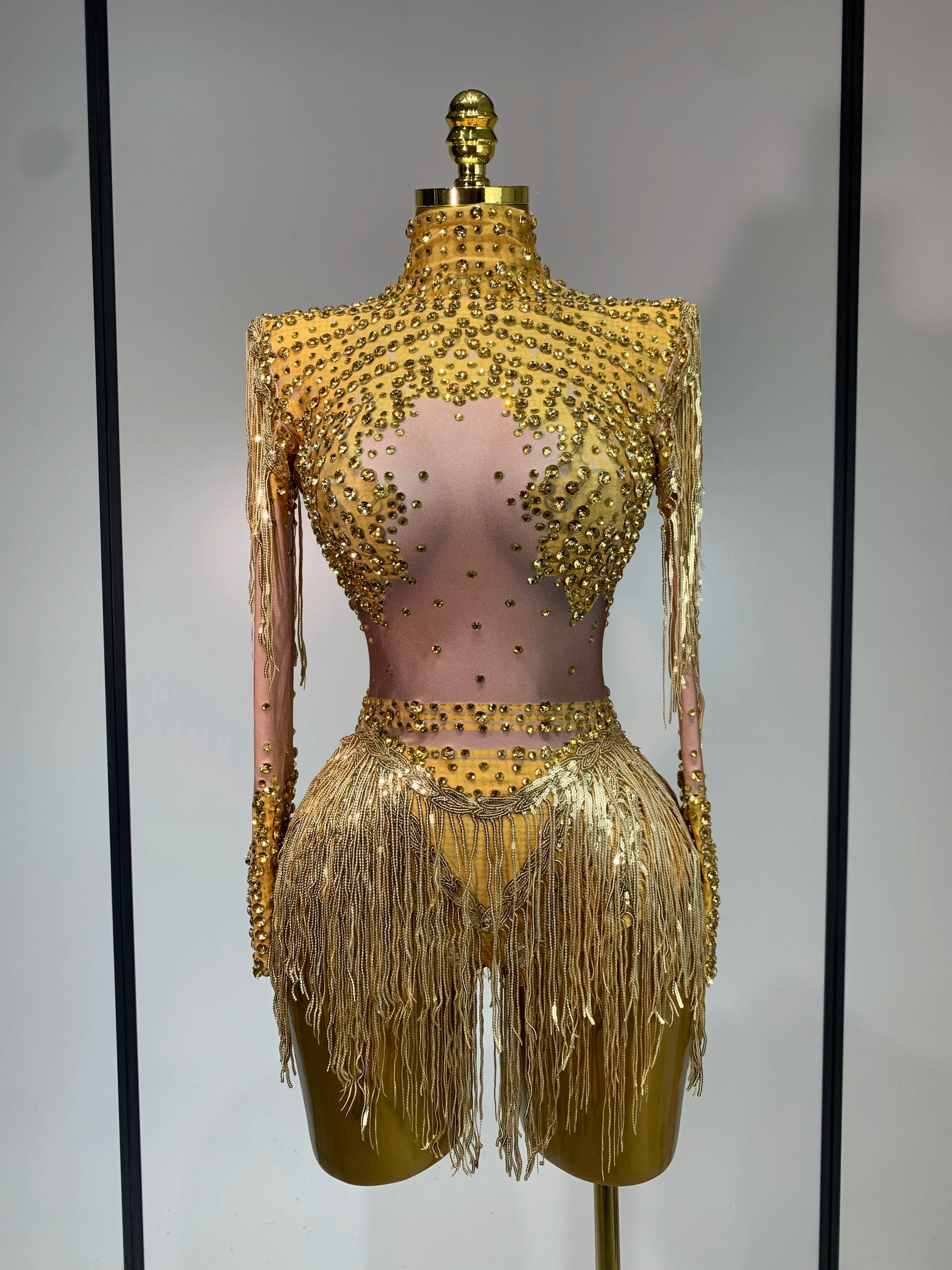 Women Long Sleeve Sexy Stretch Bodycon Shinning Tassels Rhinestones Bodysuit Celebrate Birthday Club Evening Party Stage Outfit