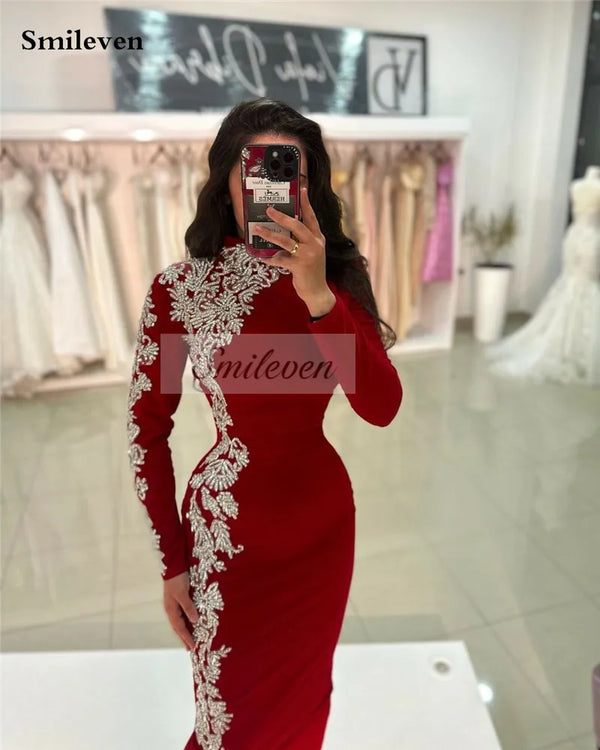 Mermaid caftan Evening Dresses High Neck Long Sleeves Elegant Beading Lace Women Prom Party Gowns