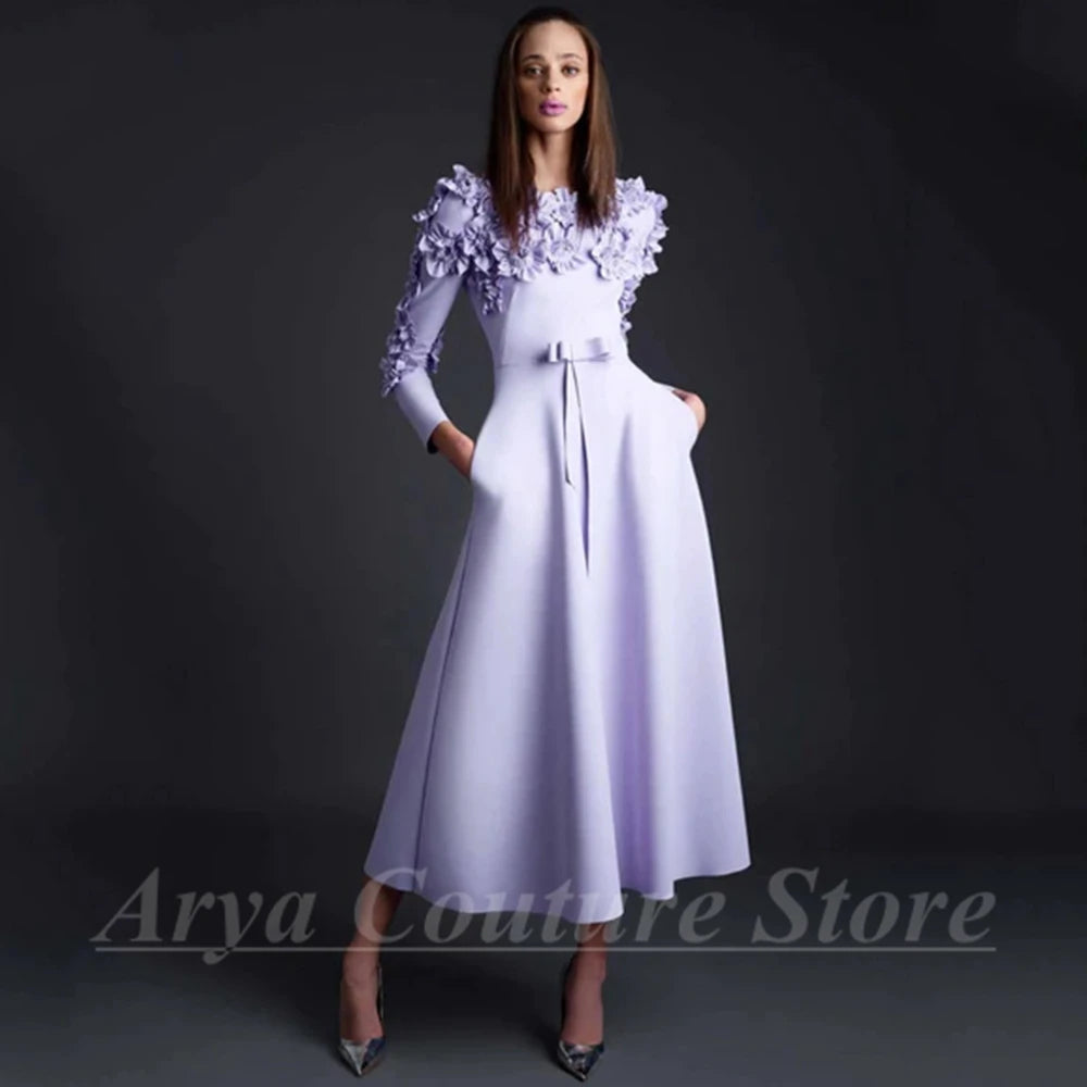 Chic Flowers Long Sleeve Evening Dress O-Neck A-Line Tea-Length Women Party Banquet with Pocket and Bow Lavender Zipper Gowns