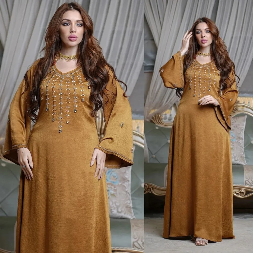 Robe en mousseline de soie, dubaï, turquie, manches évasées, avec diamants, col en v, ample, longue, élégante, pour Ramadan, moyen-orient, nouvelle collection