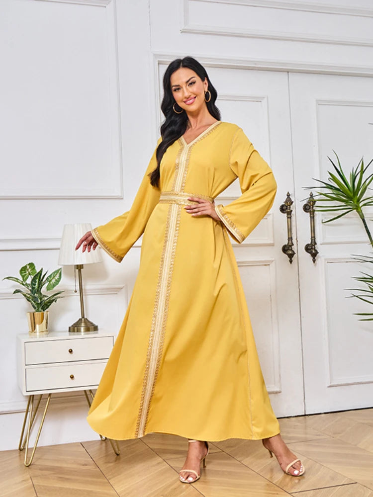 Dubai Abaya Solid Tape Trim Full Sleeve V-Neck Belted Clothing Elegant Casual Muslim Long Modest Dresses Women