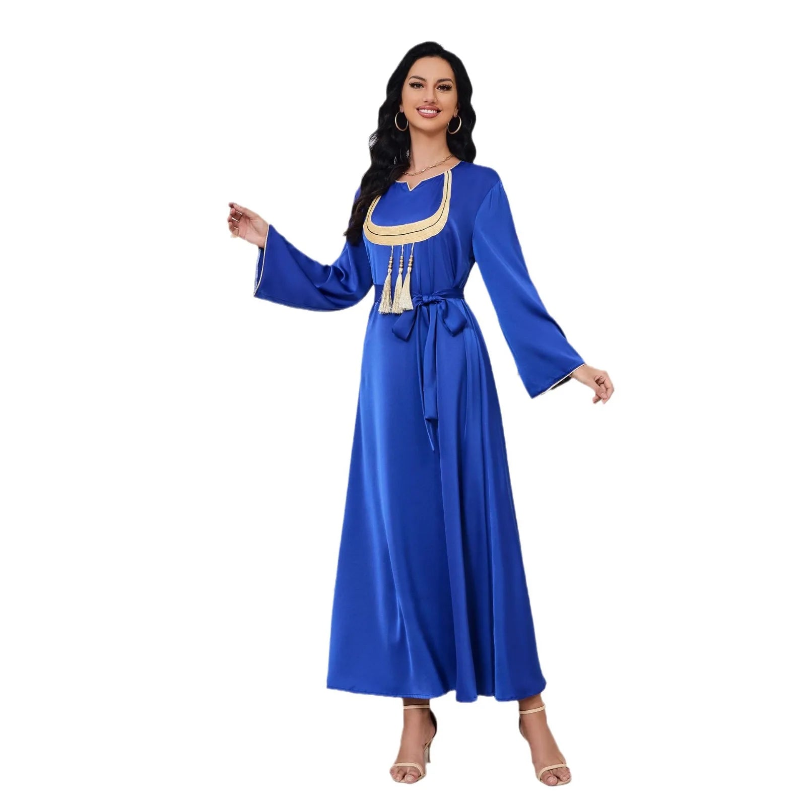 Ramadan Gurban Abaya pour femmes Robe ethnique musulmane Jalabiya arabe col en laine Robe à franges dubaï moyen-orient Islam vêtements