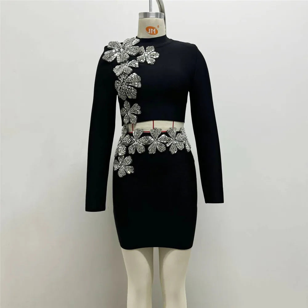 High Quality Women Long Sleeve Diamond Florals Bodycon 2 Pieces Mini Bandage Dress Celebrate Nightclub Party Birthday Dress
