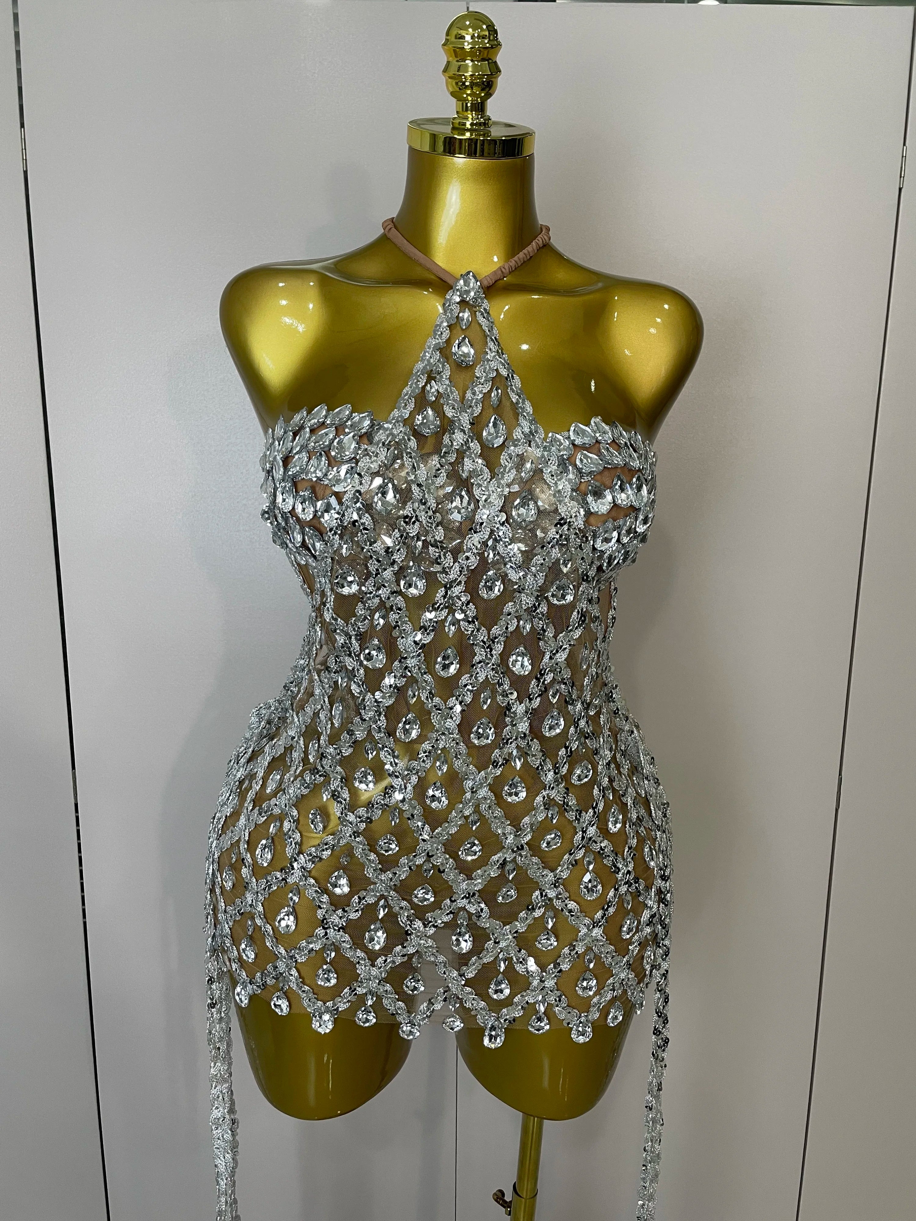 Sparkly Sequin Diamond MeshTransparent Top Dress Two Piece Set Women 2025 Sexy Evening Party Celebrate Birthday Photo Shoot Wear