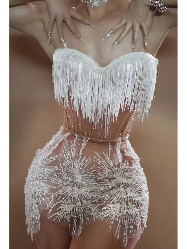 Stock Women Backless Halter Tassel Pearl Snow Mini White Dress Birthday Party Costume Bar Nightclub Stage Performance Dress