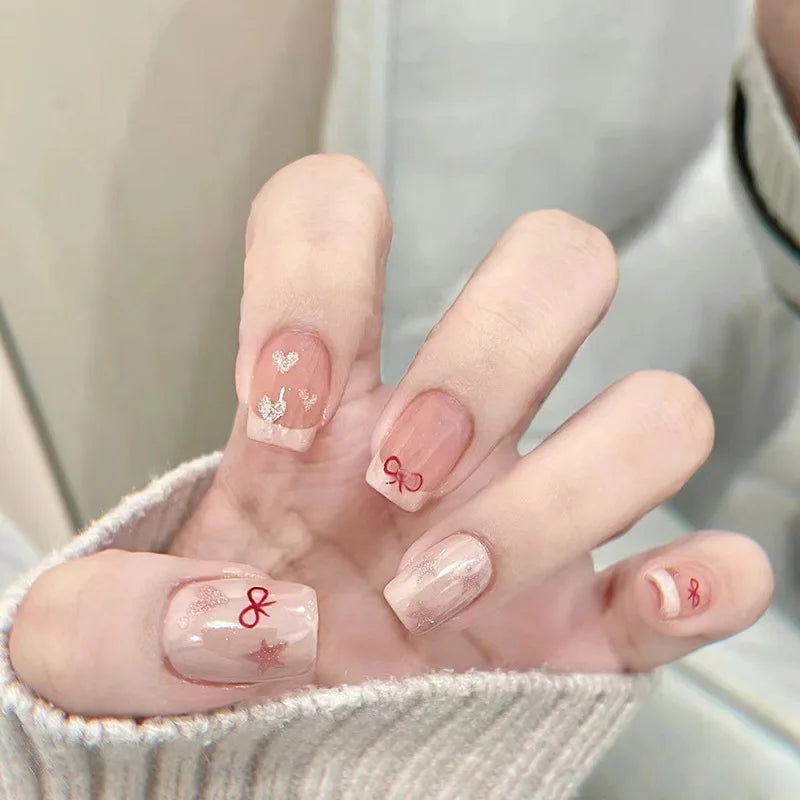 Almond Fake Nails Nude Color Press on Nails Bowknot Designed Simple Wearable False Nails Tips for Women DIY Manicure 24Pcs