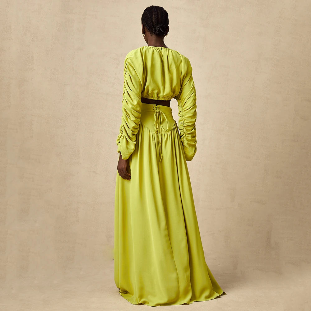 TWOTWINSTYLE Solid Two Piece Sets for Women Round Neck Long Sleeves Spliced Folds Top High Waist Skirt Loose Set Female Clothing