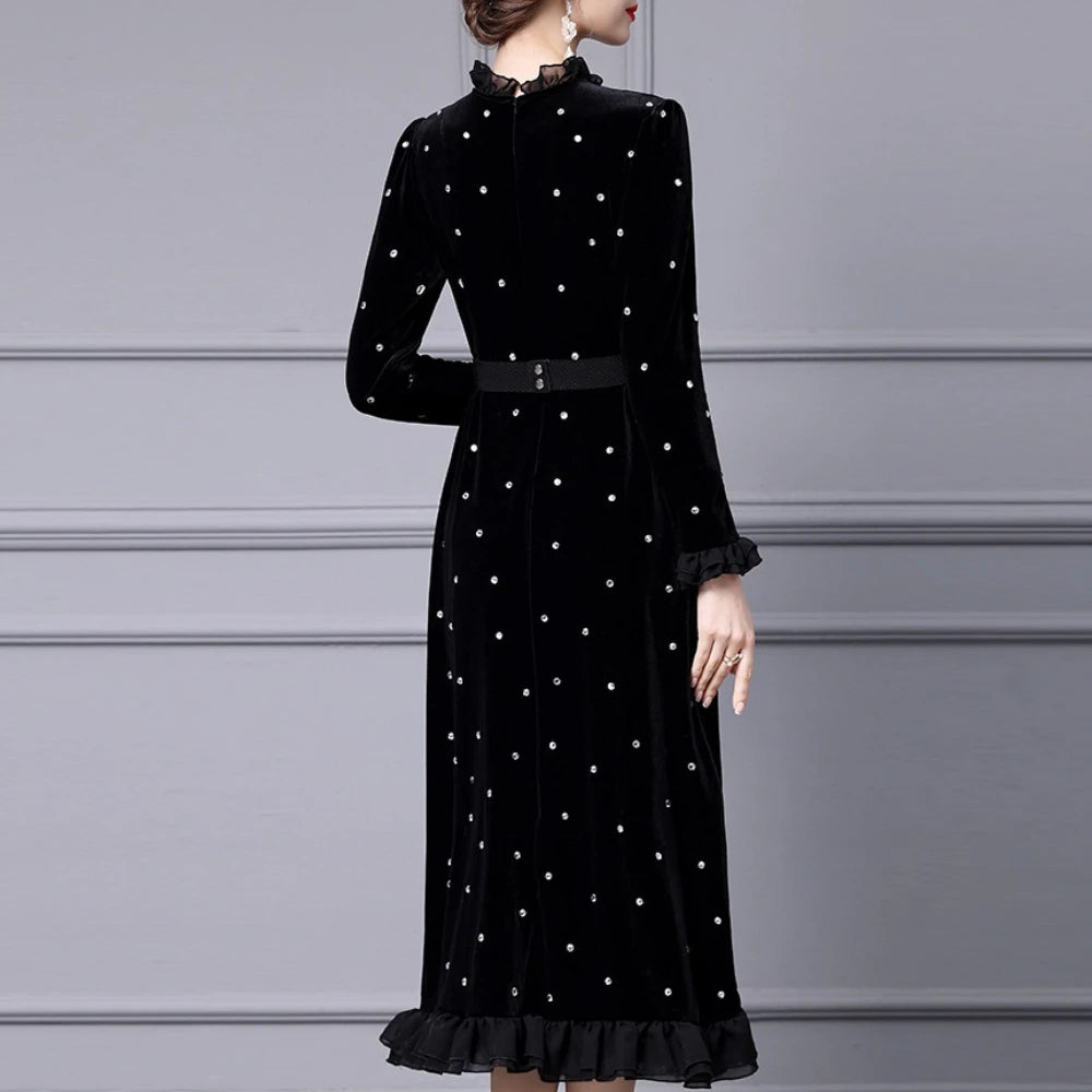 TWOTWINSTYLE Solid Slimming Spliced Wave Point Elegant Dresses for Women Round Neck Long Sleeves Patchwork Bead Dress Female New
