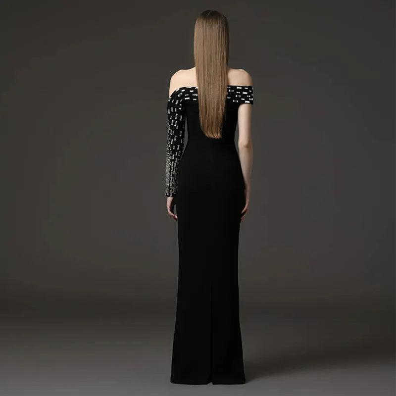 High Quality Women Sexy One Shoulder Shinning Crystal Bodycon Long Bandage Dress Elegant Evening Party Celebrity Red Carpet Wear