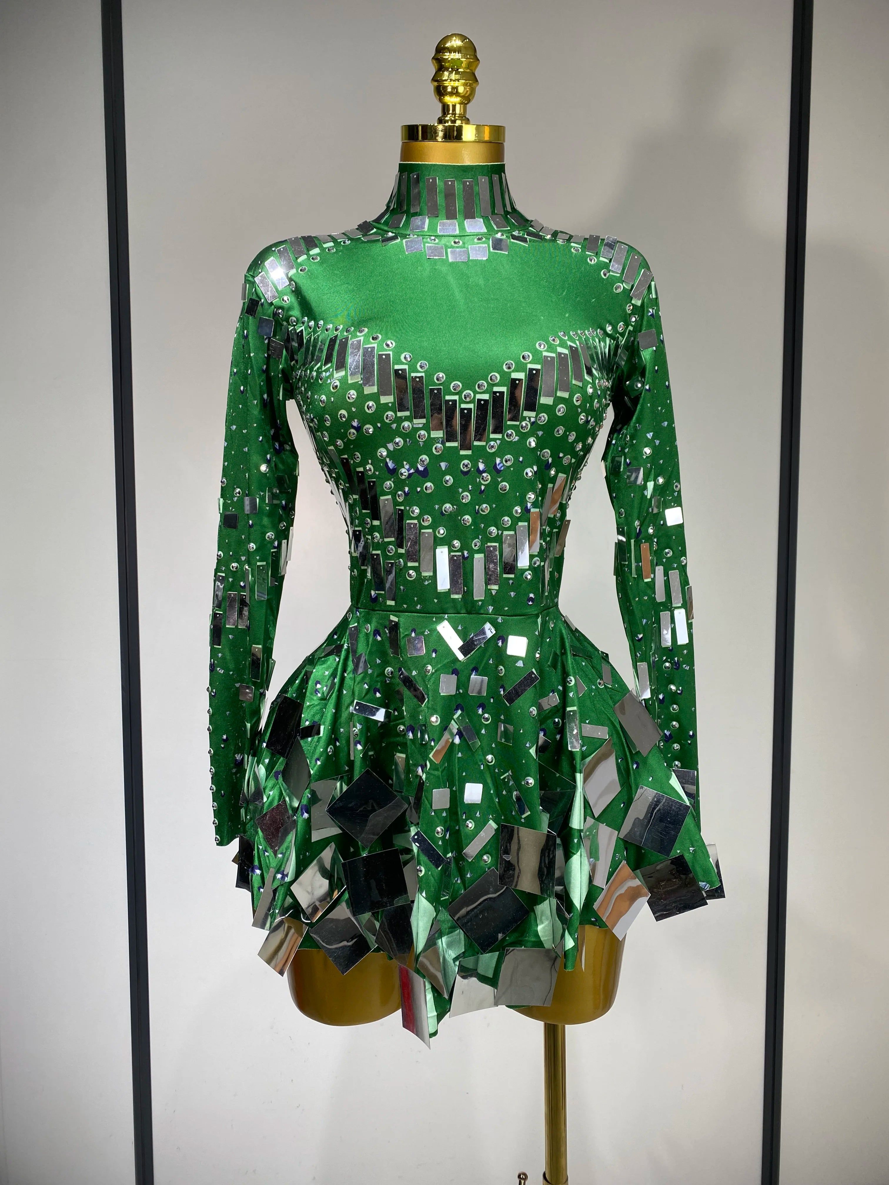 Women Sexy High Elastic A-Line Long Sleeve Dress Performance Costume Sparkly Nightclub Evening Party Hotwife Stage Outfit