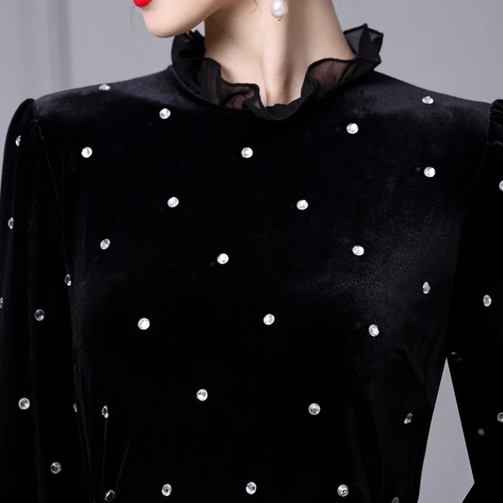 TWOTWINSTYLE Solid Slimming Spliced Wave Point Elegant Dresses for Women Round Neck Long Sleeves Patchwork Bead Dress Female New