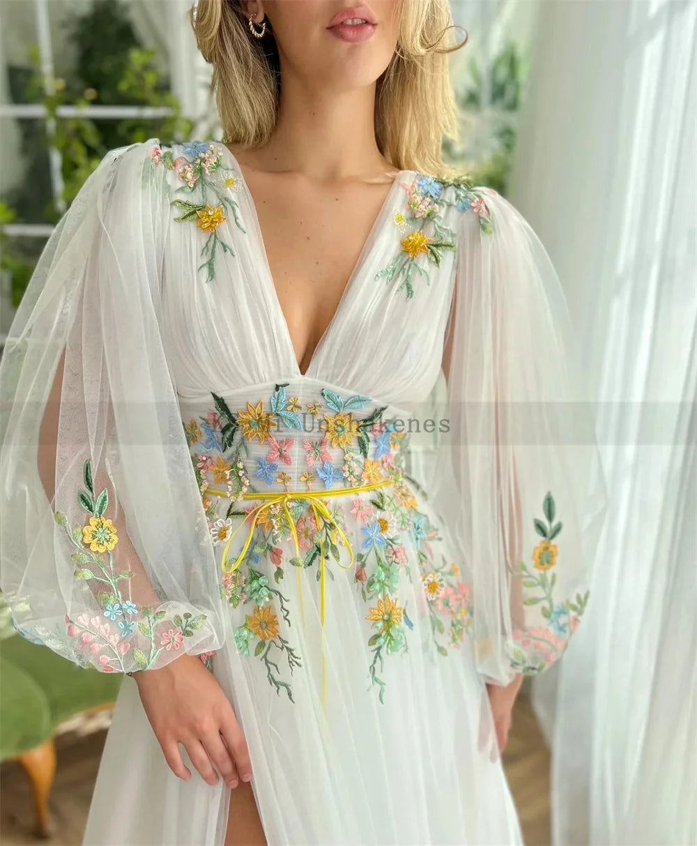 Fairy Boho Wedding Dresses Colorful Lace Embroidery Bride Dress Puff Long Sleeve Wedding Gowns V Neck Split Side Robe de mariee