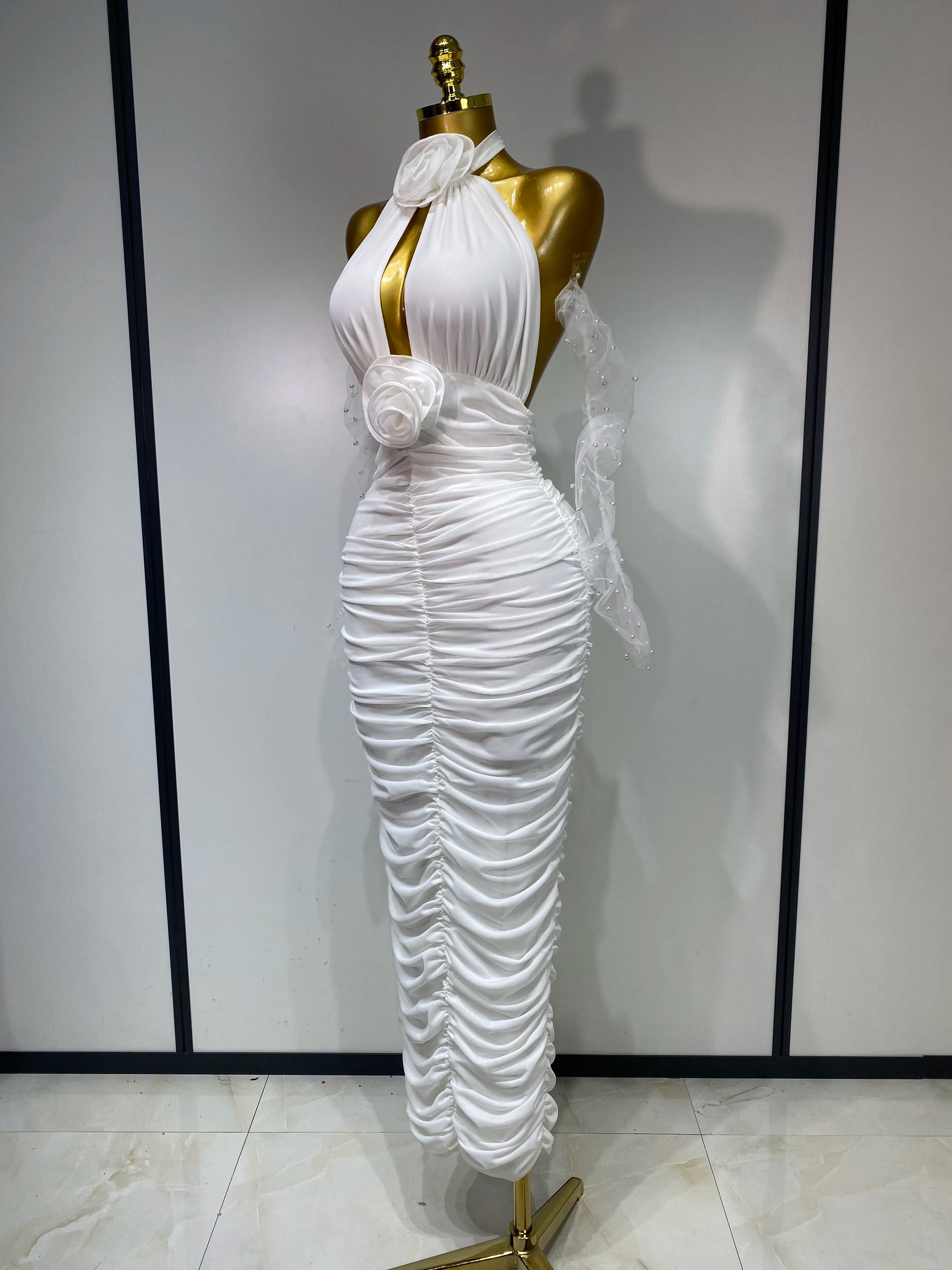 Women Sexy Cut Out Flower Pleated Bodycon Long Dress Celebrity White Elegant Evening Party Cocktail Luxury Birthday Dress