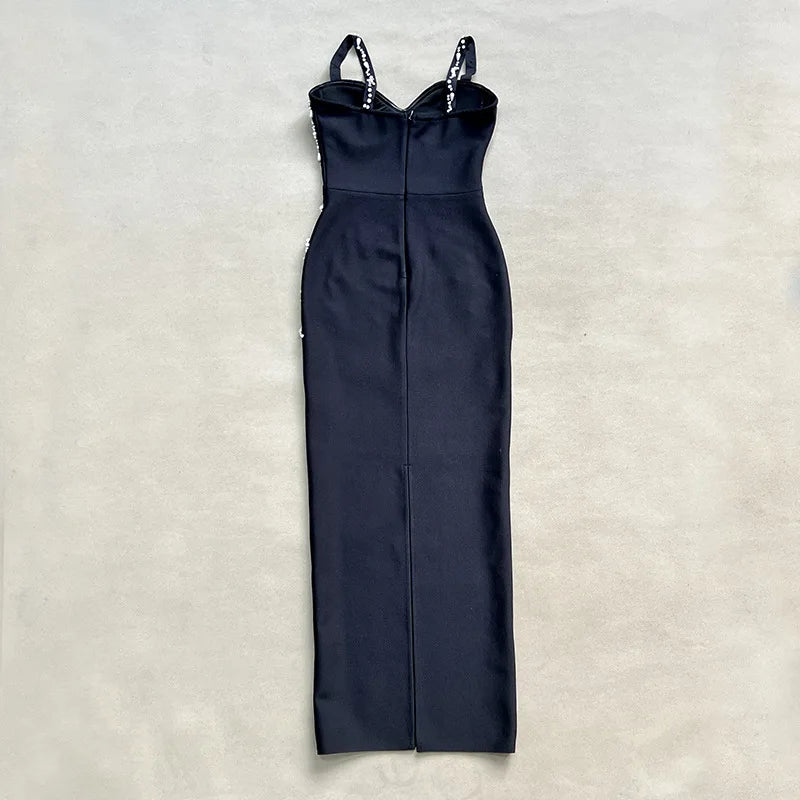 2025 New Summer Women Sleeveless Sexy Strap V-Neck Shinning Crystal Bodycon Long Bandage Dress Celebrate Evening Party Outfit