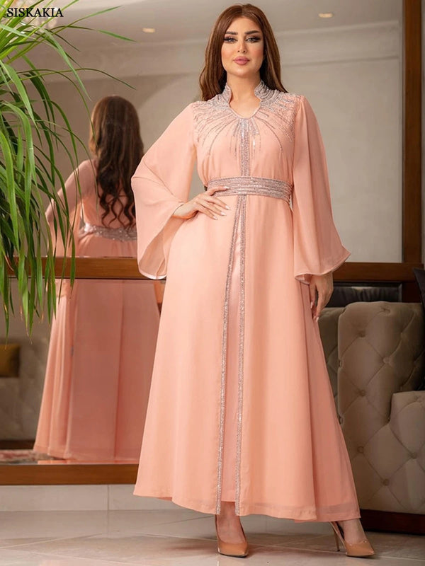 Arab Robe Fashion Middle East Muslim Kaftan Dubai Hot Fix Diamond Party Evening Dresses for Women Notched Stand Collar