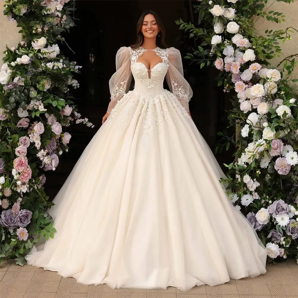 Abiti da sposa abito da ballo in pizzo di lusso per donna Elegante ricamo a maniche per soffio lungo o da sposa da sposa Open Back Sweep Train