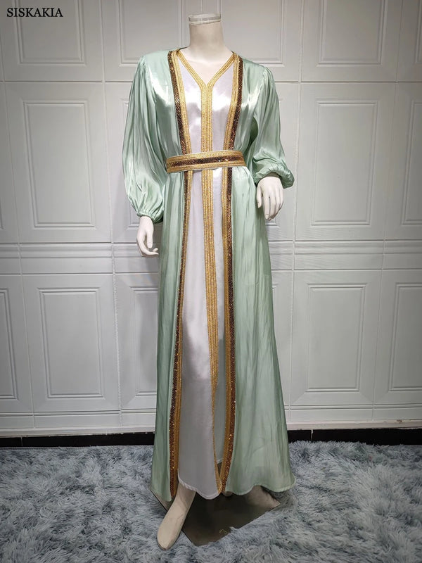 Moroccan Caftan Luxury 2022 Silk Satin Elegant Lantern Sleeve 3pcs Dress Diamonds Abaya Muslim Sets Ramadan Dresses For Women