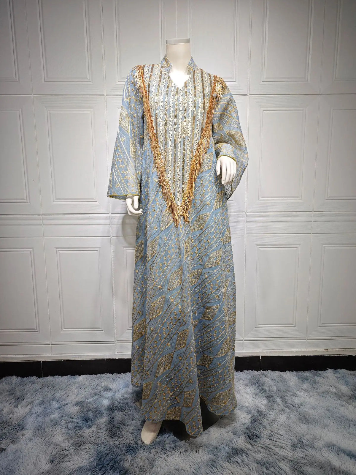 Ramadan Dubai Embroidered Sequins Patchwork Maxi Evening Robe Abaya Muslim Tassel Kaftan Mesh Petal Sleeve Dress For Women Gala