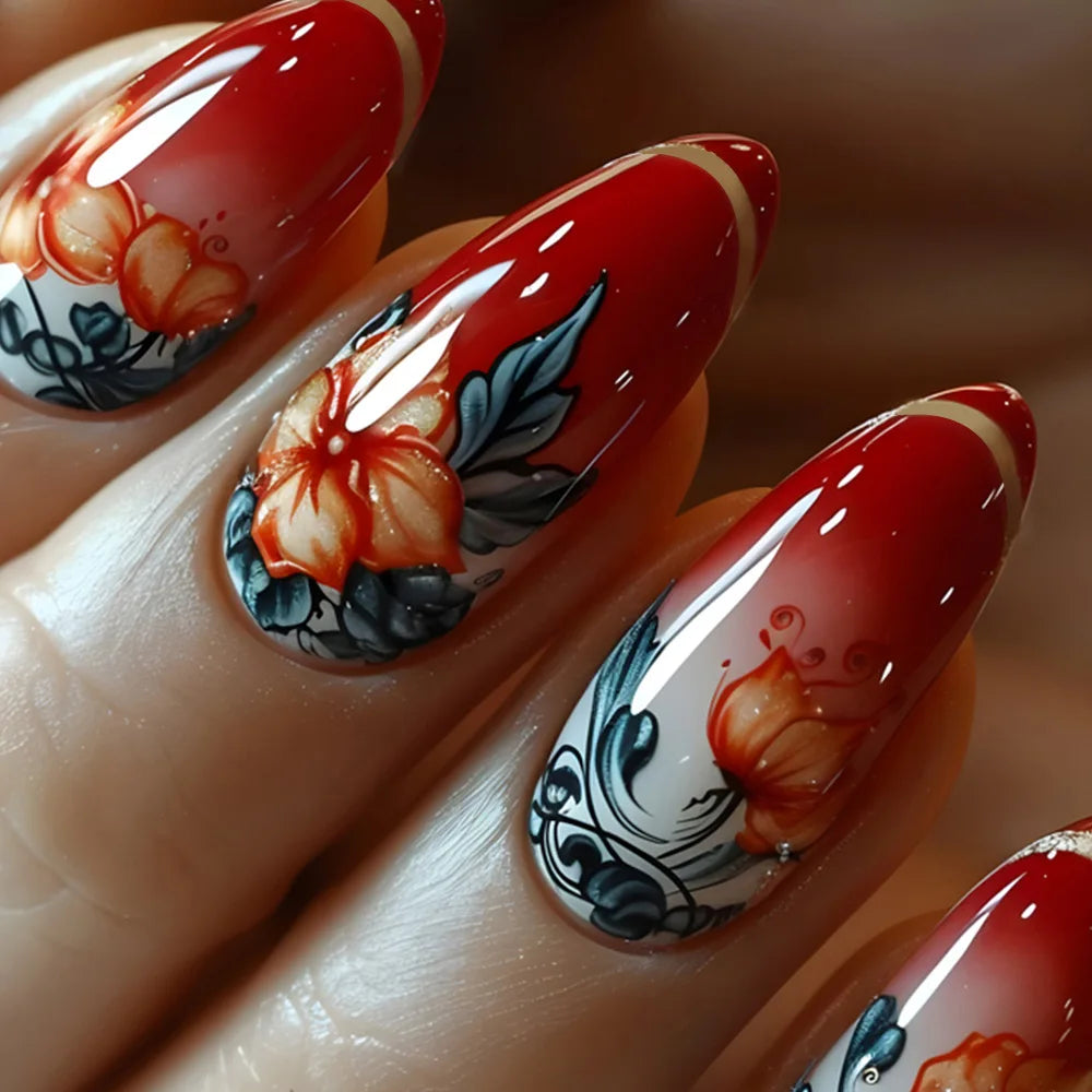 24Pcs Autumn Winter Matte Almond False Nails with Glue Rose Leaf Printing Nail Art Simple Full Cover Press on Acrylic Nails Tips
