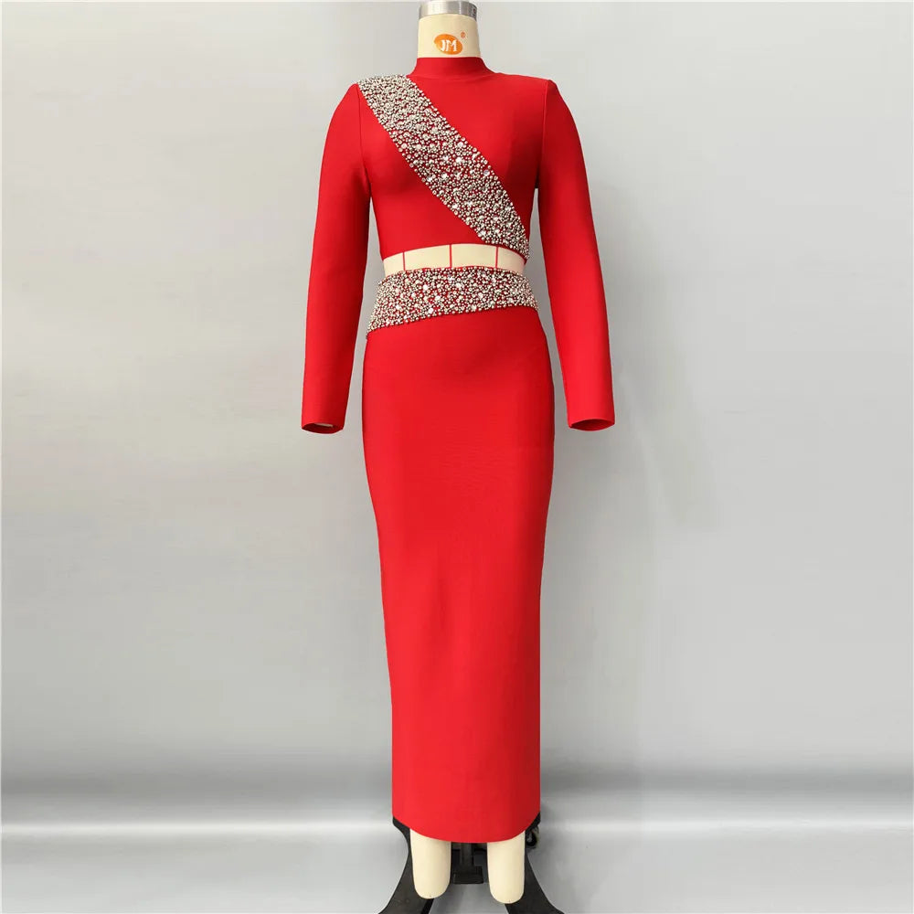 2025 New Black Red Women Long Sleeve Shinning Diamond 2 Pieces Bodycon Bandage Long Dress Elegant Normal Evening Party Outfit