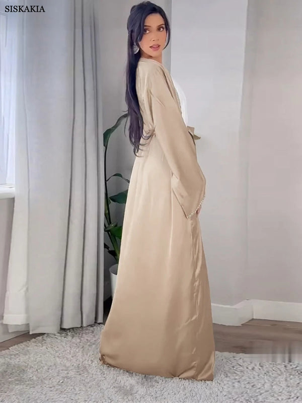 Open Kimono Dubai Abaya Chic Diamonds Solid Full Sleeve Cardigan Belted Clothing Elegant Casual Moroccan Women Caftan