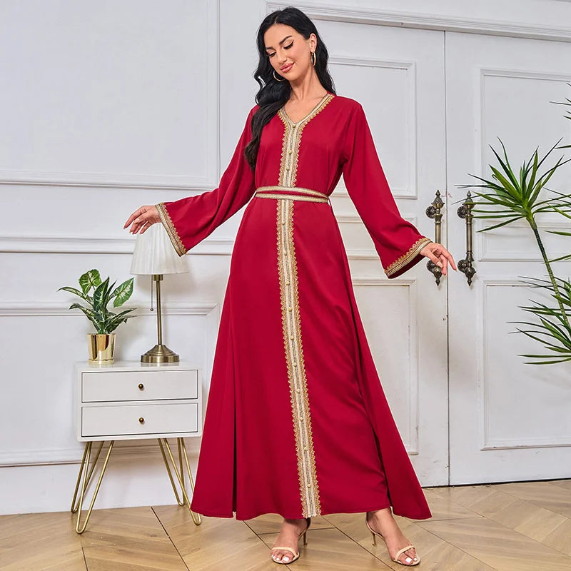 Long Dress For Prom V-neck Women Abaya Muslim Robe Gold Beaded Lace Simple Fashion Dress with Belt Casual Dubai Arab Kaftan