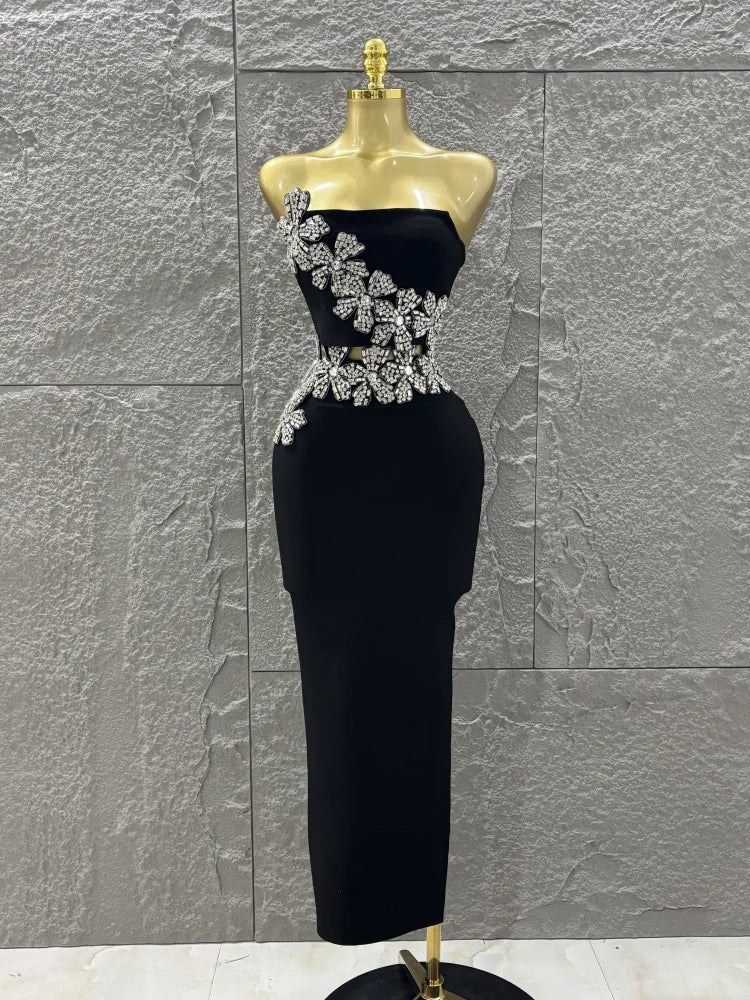 Black Color Women Shinning Diamond Flowers Sexy 2 Pieces Bodycon Long Bandage Dress Nightclub Party Celebrate Birthday Outfit