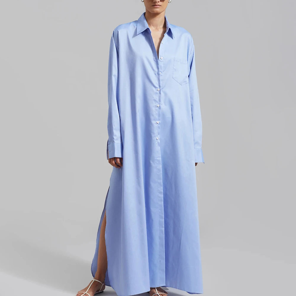 TWOTWINSTYLE Solid Minimalist Split Dresses For Women Lapel Long Sleeve High Waist Patchwork Single Breasted Loose Dress Female