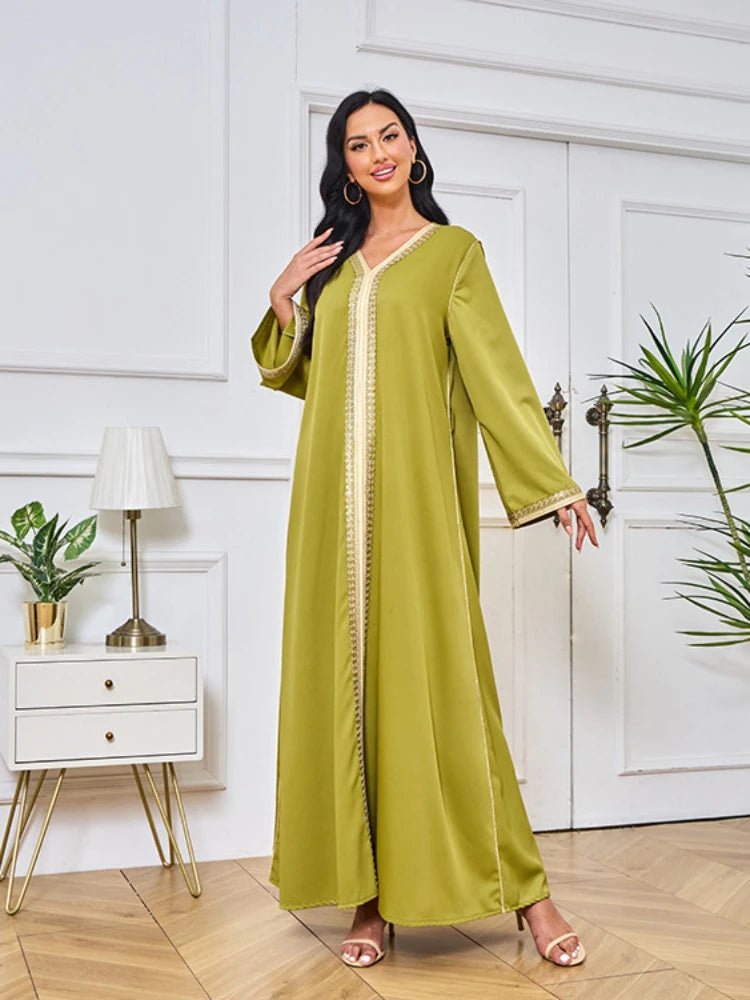 Dubai Abaya Solid Tape Trim Full Sleeve V-Neck Belted Clothing Elegant Casual Muslim Long Modest Dresses Women