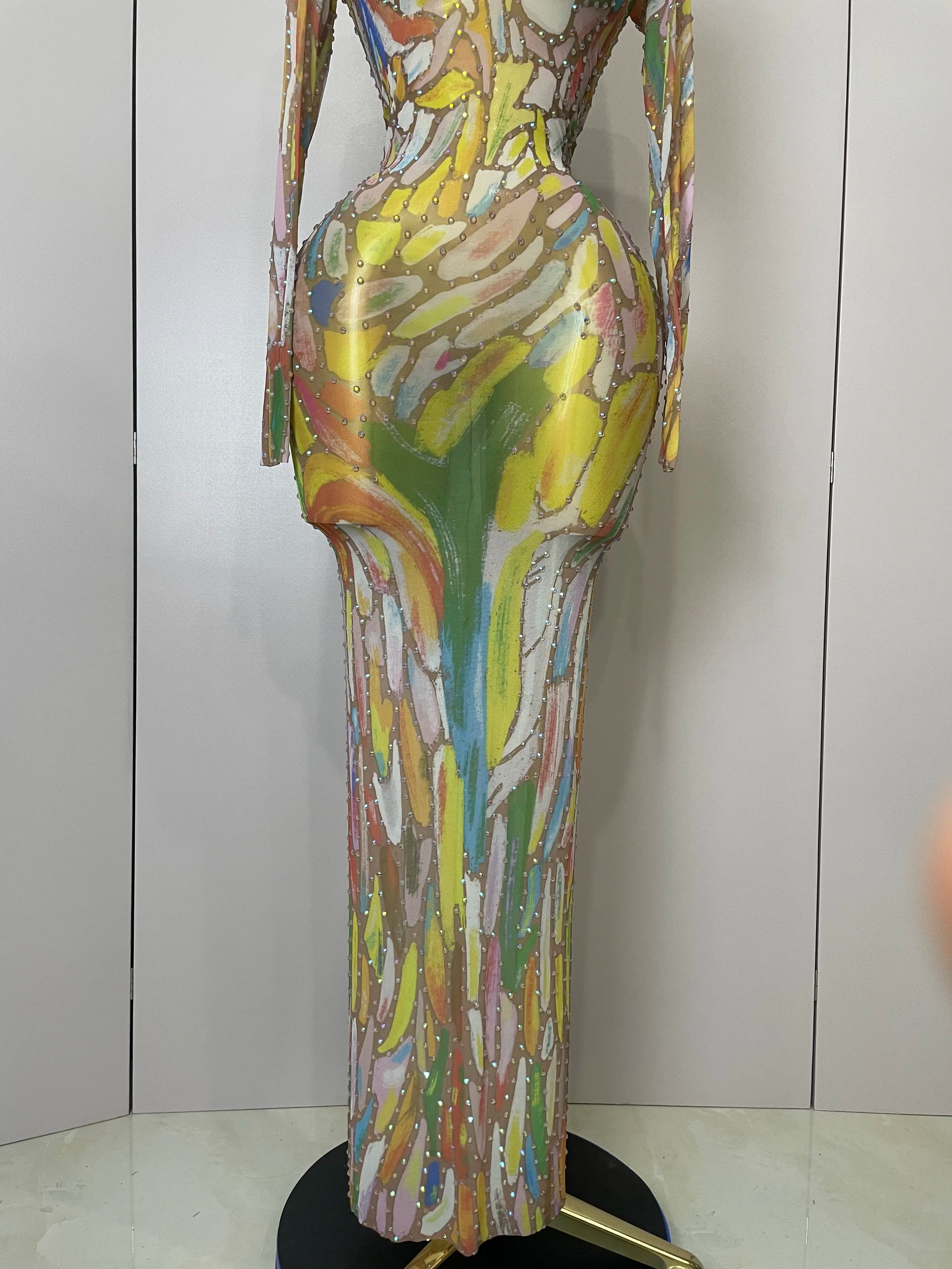 Sparkle Rhinestone High Neck Colorful Printed Long Dress 2025Women Sexy Evening Birthday Celebrate Stage Performance Costume