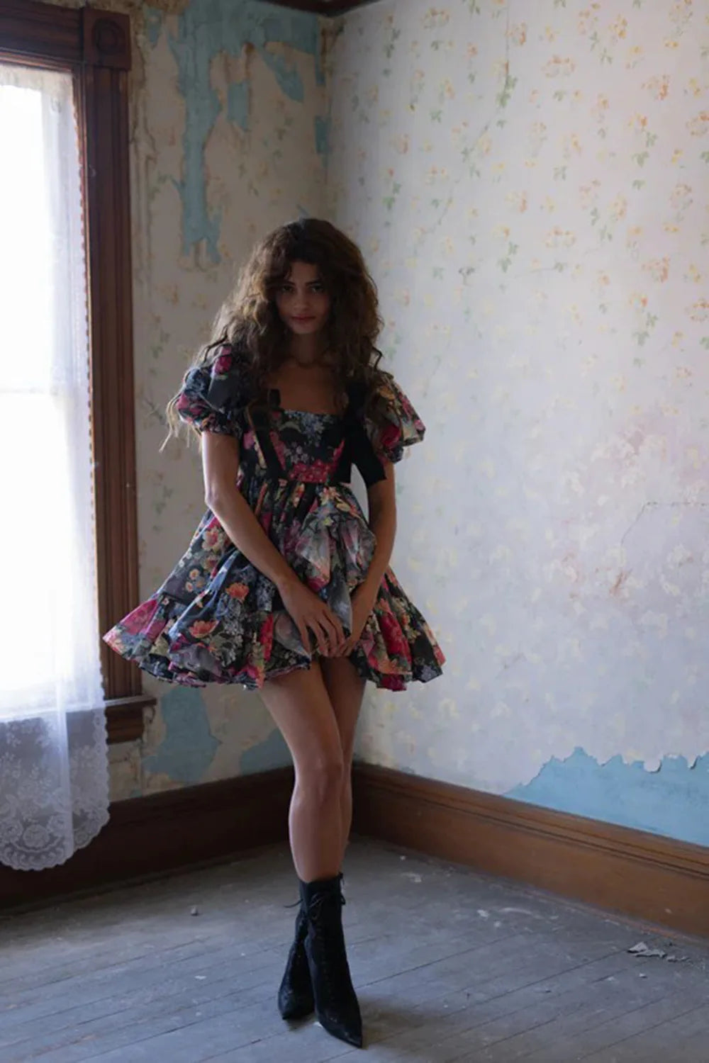 2025  Women Short Sleeve Square Collar Ball Gown Mini Dress Print Color Celebrate Girls's Vacation Celebrate Birthday Outfit