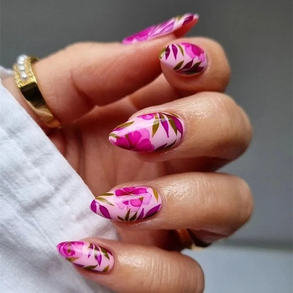 24Pcs Autumn Winter Matte Almond False Nails with Glue Rose Leaf Printing Nail Art Simple Full Cover Press on Acrylic Nails Tips