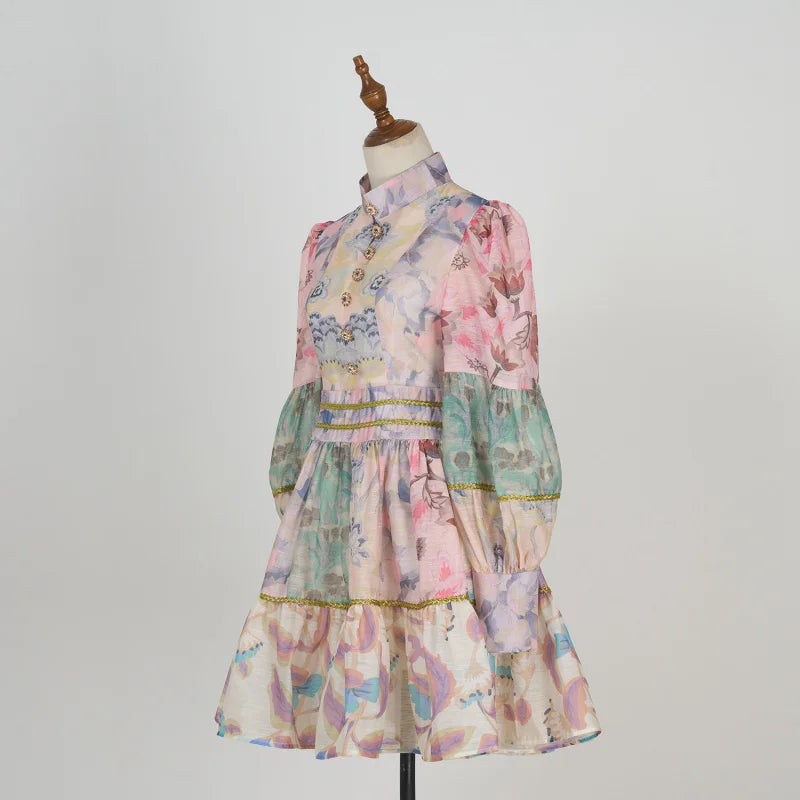 Fall Shot Spot Customized New Product Vintage Court Style Small Stand Collar Bubble Sleeve Waist-Tight Dress