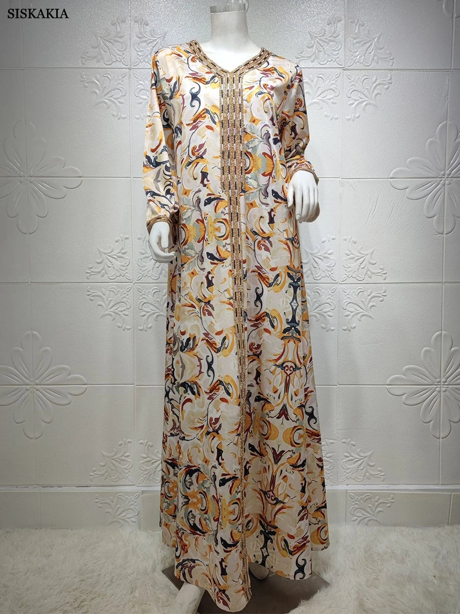 Muslim Abayas Uae Dubai Chic Ethnic Printing Tape Trim Full Sleeve V-Neck Elegant Casual Kaftan Dresses Womens Dubai