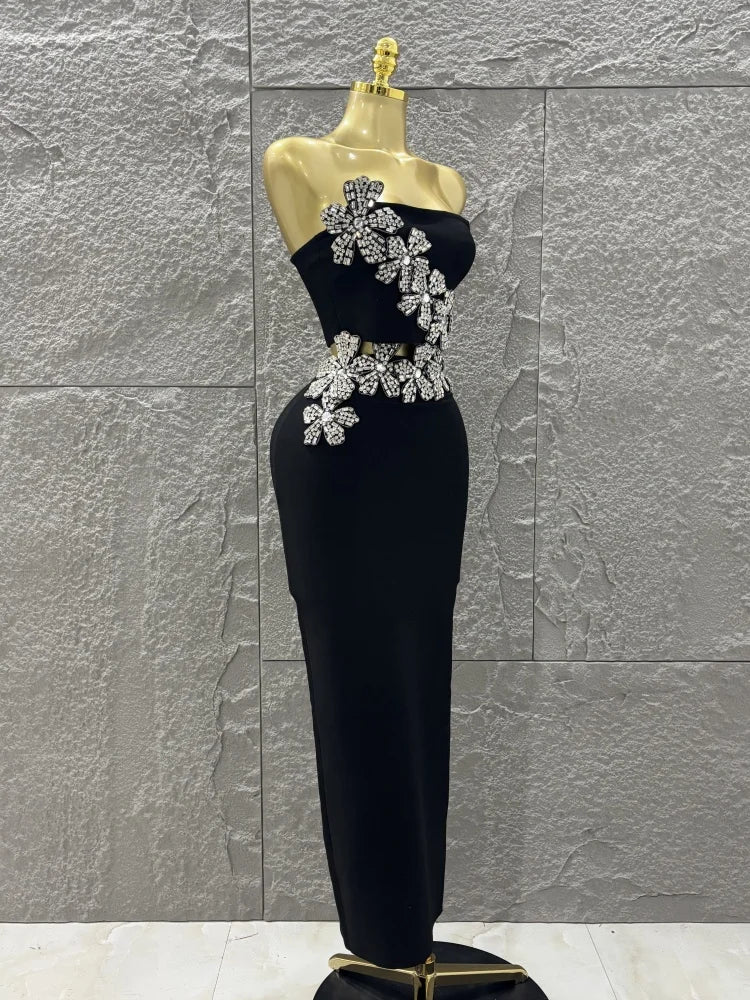 Black Color Women Shinning Diamond Flowers Sexy 2 Pieces Bodycon Long Bandage Dress Nightclub Party Celebrate Birthday Outfit