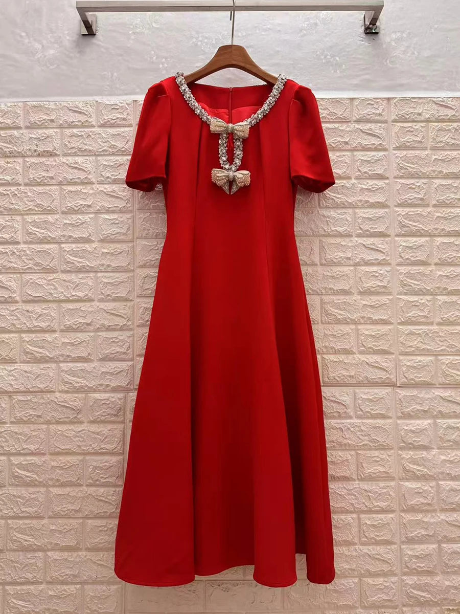 TWOTWINSTYLE Solid Slimming Spliced Bowknot Elegant Dresses for Women Round Neck Short Sleeves Patchwork Bead Dress Female New
