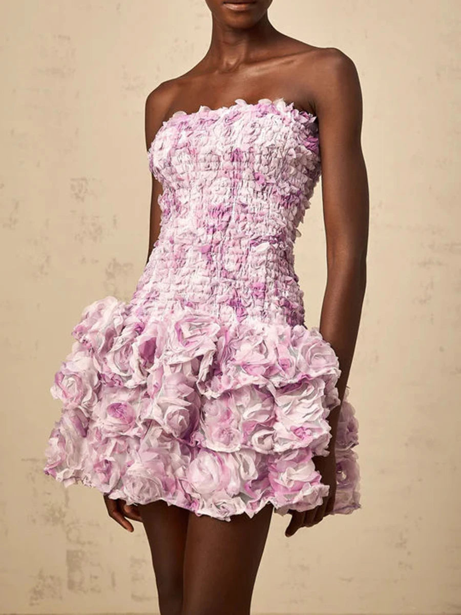 TWOTWINSTYLE Colorblock Fashion Temperament Dresses for Women Strapless Sleeveless Patchwork 3D Flowers Dress Female Clothing